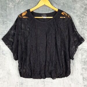 Womens Top Large Black Floral Lace Whimsigoth Cropped Fairy Grunge Bubble Hem